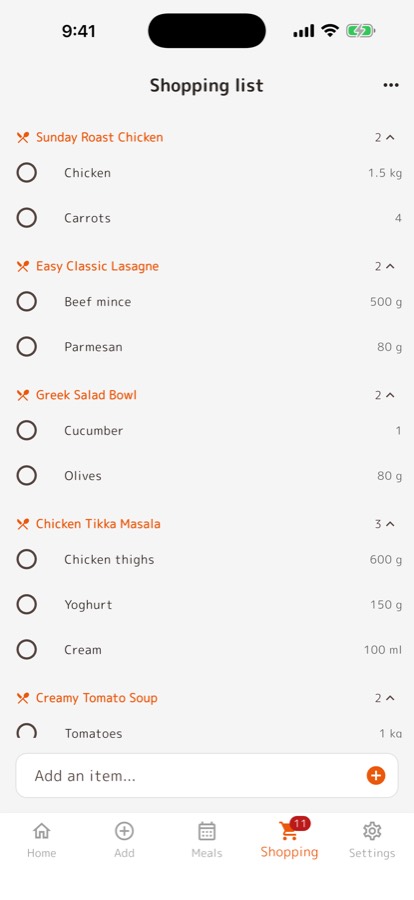 A shopping list built from saved recipes