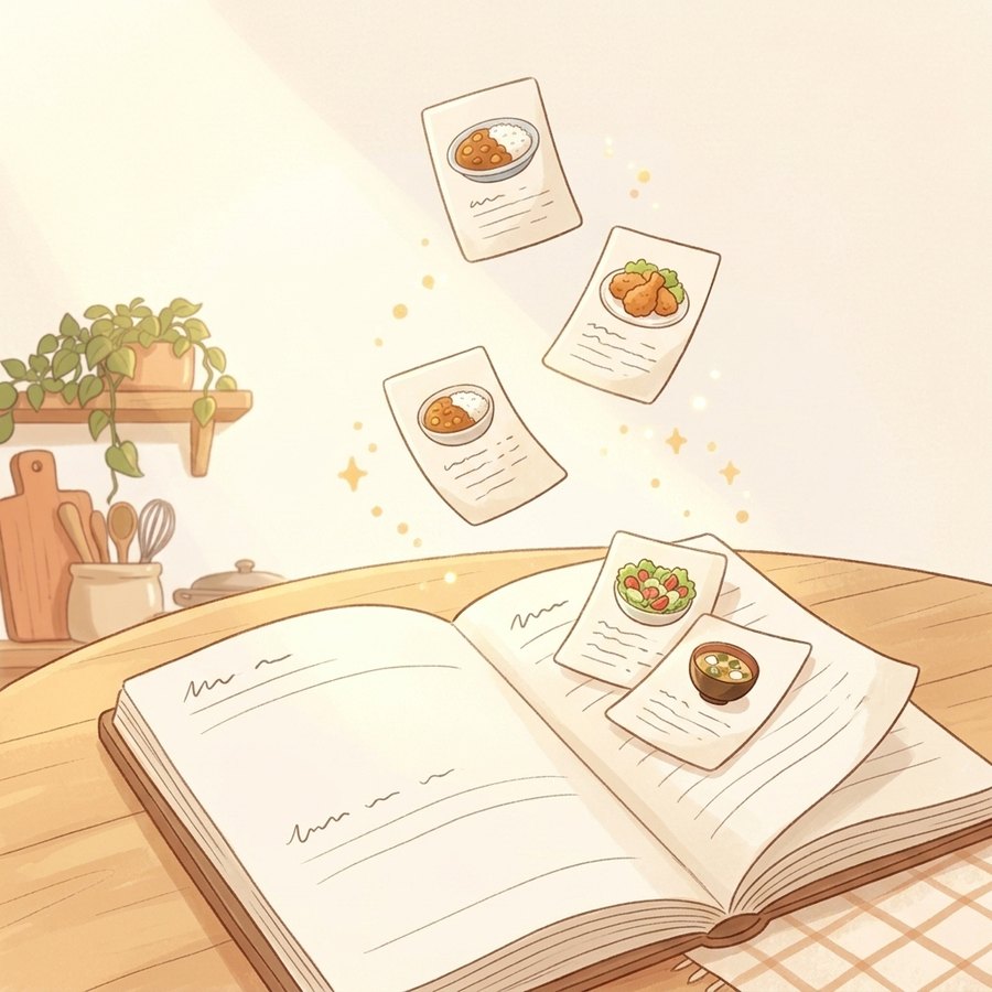 集めたレシピが本棚のように並んでいる絵