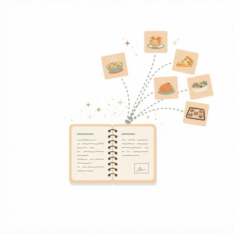 レシピのカードが、開いたノートに集まってくる絵