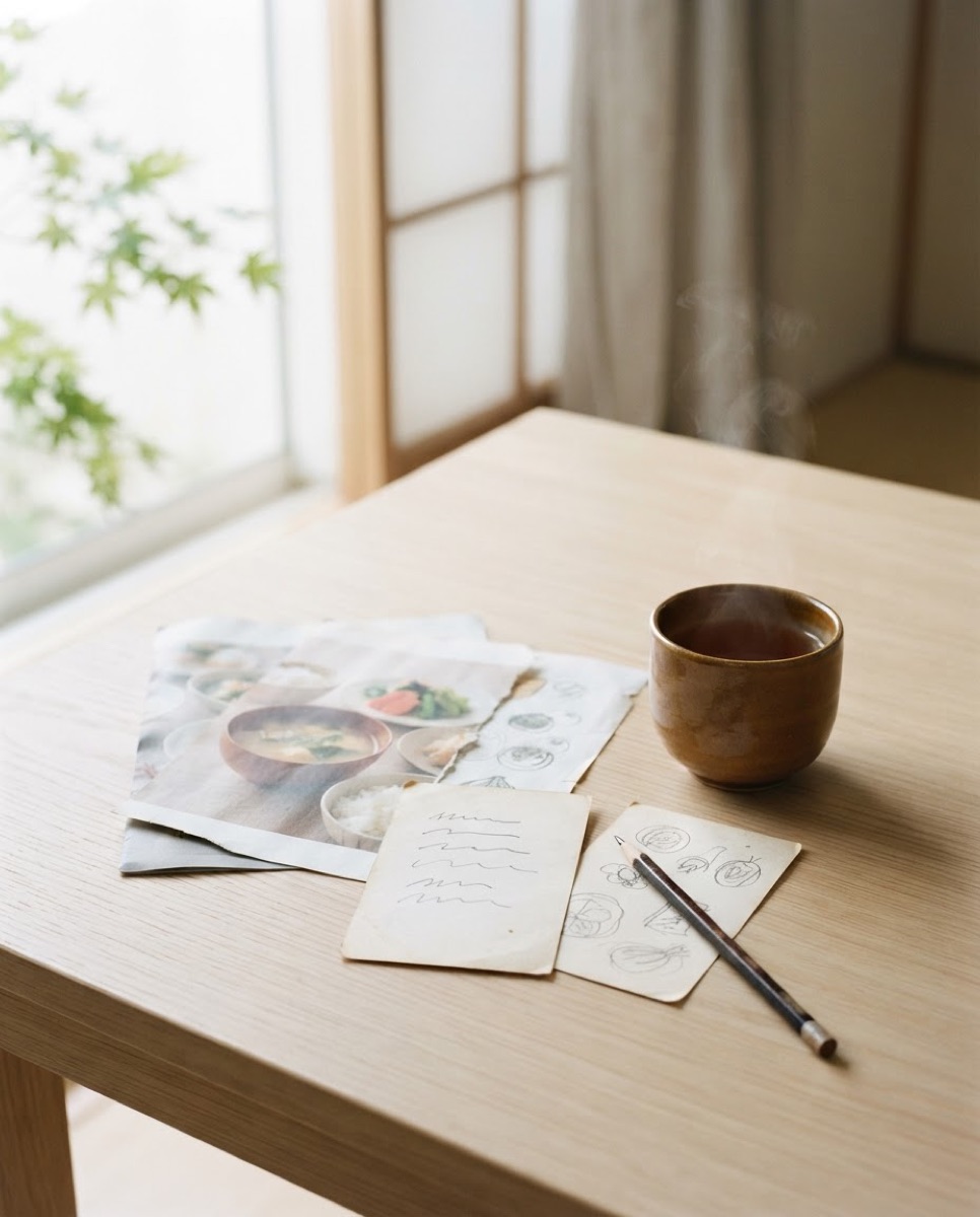 テーブルの上のレシピカードと雑誌の切り抜き