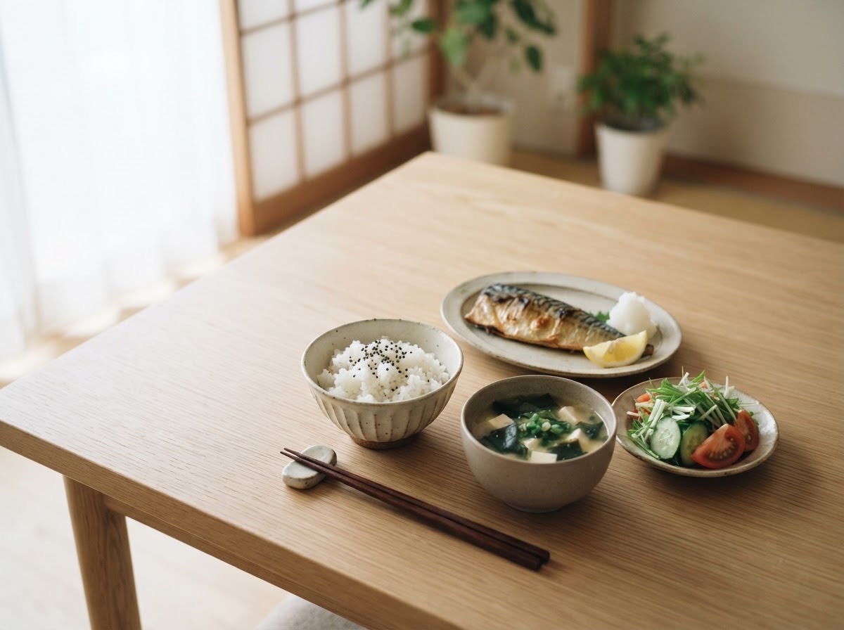 ごはん、味噌汁、焼き魚が並ぶ食卓